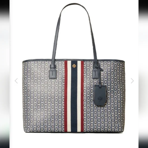 Tory Burch 58450 Gemini Link Canvas Top-Zip Tote Navy EUC - Picture 1 of 3